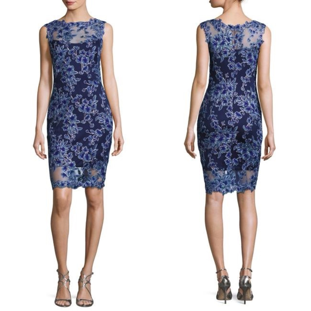 Tadashi Shoji Blue Silver Floral Embroidered Corded Lace Cocktail Dress Size 2